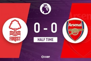 Hiệp 1 - Arsenal tạm dẫn 0-0 Nottingham Forest, tỷ lệ cầm bóng của Pháo thủ vượt 80%, 2 đội có tổng cộng 1 cú sút trúng đích