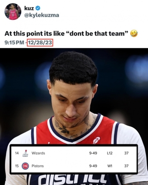 Kuzma từng tweet "Tôi không muốn thua Pistons." Kỷ lục của Wizards đã bị Pistons san bằng và cả hai đều là 9-49